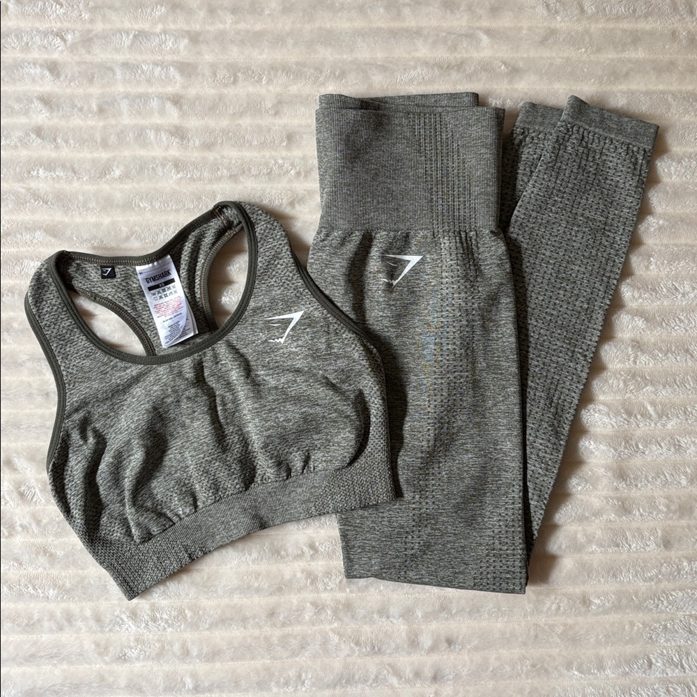 Gymshark Vital Seamless Leggings Bra Set Size XS Olive Green Marl Matching Set